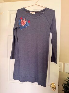 Braeve Embroidered Long-Sleeve Blue-Grey Knit Dress